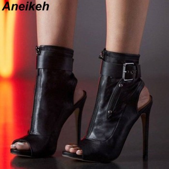 Aneikeh 2019 PU Summer Ankle Boots High Heels Women Shoes Peep Toe Sexy Lady Chelsea Boots Party Thin Heeled Shoes Size 35-40